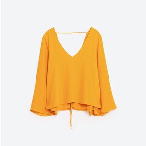 ✅FREE✅ NWT Zara Trafaluc mustard bell sleeve flowy ruffle lace up top XS